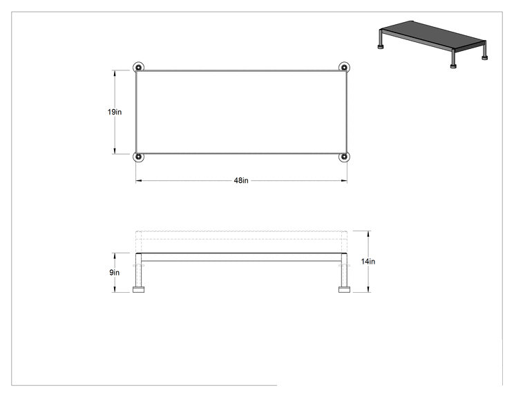 Teknik Çizim - Yorgunluk Önleyici Çalışma Platformu, 9 inç-14 inç Yükseklik x 48 inç Genişlik x 19 inç Derinlik Toplam