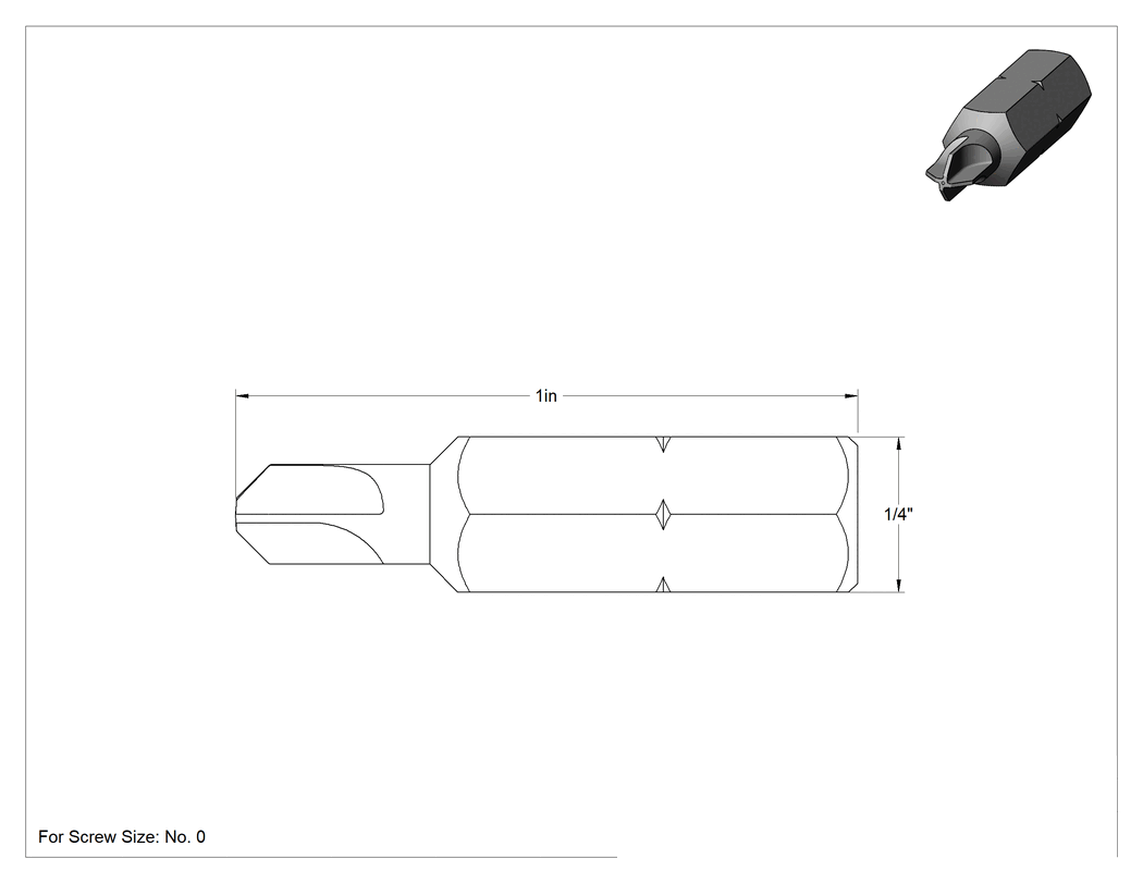 Teknik Çizim - Torq-Set® Ucu, 1/4" Altıgen Şaft, 0 Numaralı Vida Boyutu için