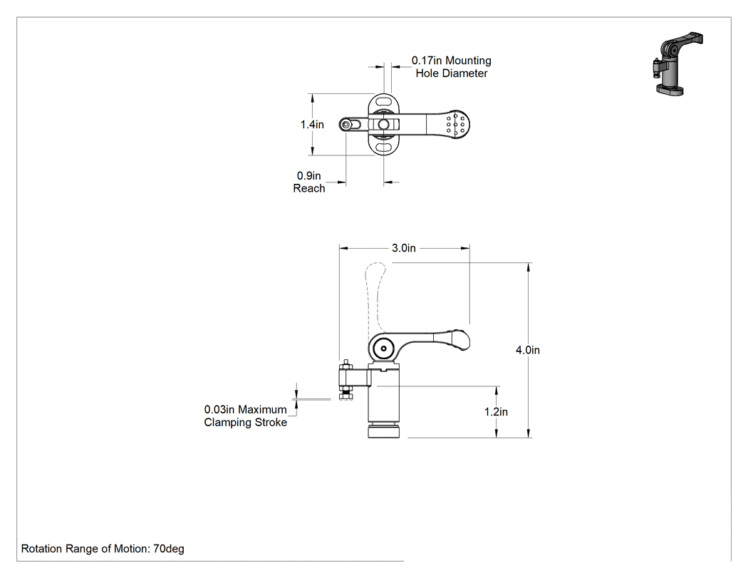 Teknik Çizim - Sabitleme Fikstürü Kelepçesi, Kam Kollu, Saat Yönünde, 1-3/16" Maksimum Açıklık