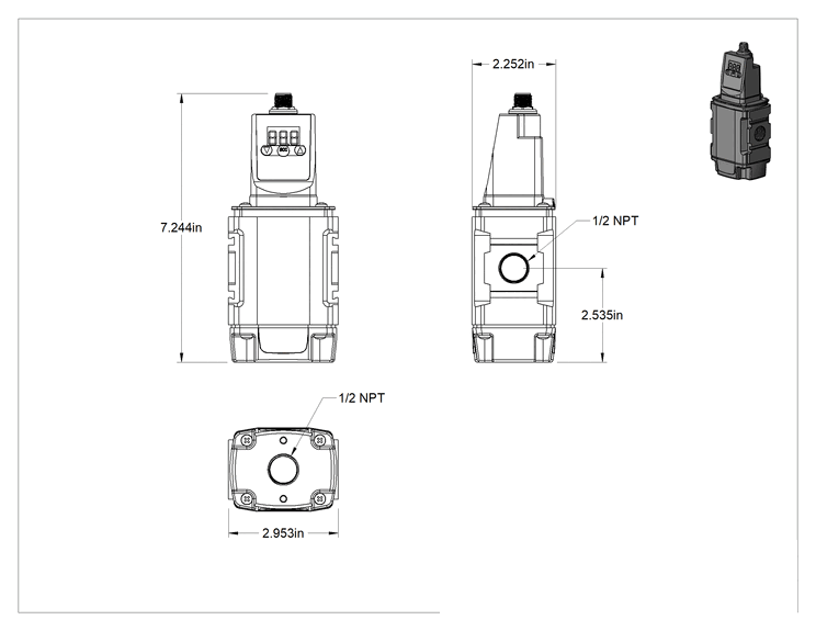 Teknik Çizim - Ekranlı Hassas Basınçlı Hava Regülatörü, Yüksek Akışlı, Elektronik Kontrollü, 0-145 PSI, 1/2 NPT