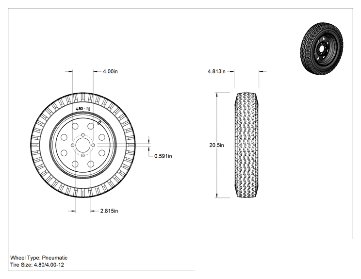 Teknik Çizim - Otoyol Kullanımı için Çelik Göbekli Pnömatik Römork Tekerleği, 4 Montaj Deliği, 20-1/2" Çap x 4-13/16" Genişlik