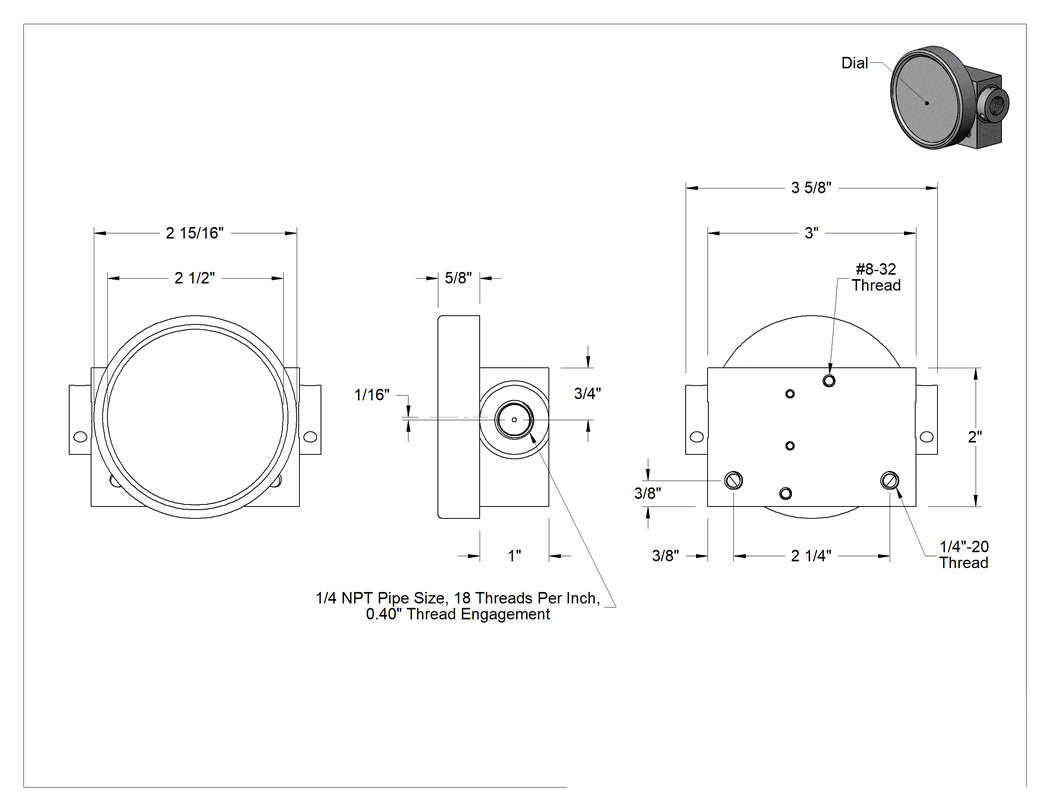 Teknik Çizim - Yüksek Basınçlı Diferansiyel Gösterge, Alüminyum Kasa, 2-1/2" Kadran, 1/4 NPT Dişi Bağlantı, 0 ila 10 PSI