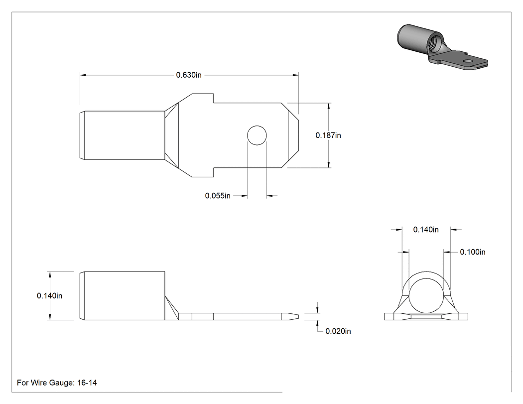 Teknik Çizim - Yalıtımsız Faston Terminaller, Erkek, 16-14 AWG için, 0.187 inç Genişlik, Çinko Kaplamalı Pirinç