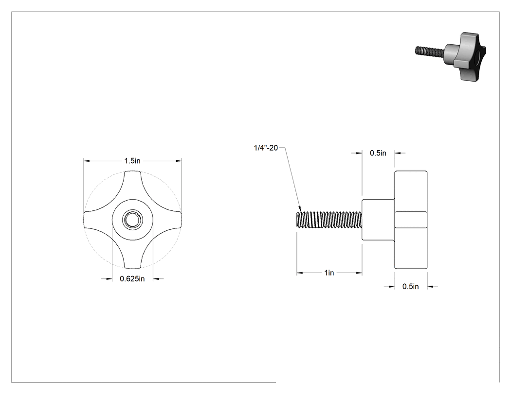 Teknik Çizim - Titreşime Dayanıklı Düğme, Dört kol, Siyah, 1-1/2" Başlık Çapı, 1/4"-20 Dişli Saplama