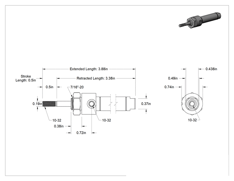 Teknik Çizim - Yuvarlak Gövde Hava Silindiri Montajı, Burun Montajı, Hava Geri Çekme, 7/16" Delik Çapı, 1/2" Strok Uzunluğu