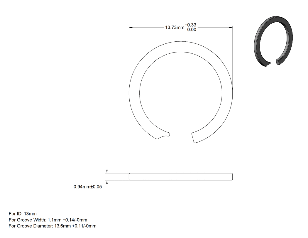 Teknik Çizim - Tek Turlu Spiral İç Segman, 13 mm İç Çap için, 18-8 Paslanmaz Çelik