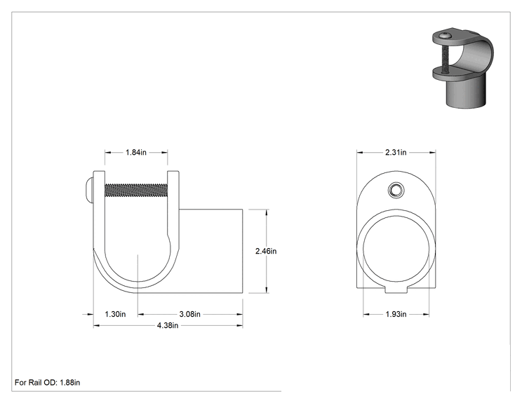 Teknik Çizim - Alüminyum Giydirme Bağlantı Parçası, 1-7/8" Dış Çap için Delikli Sarma T Eklentisi