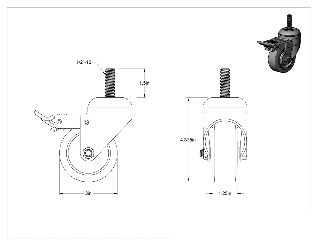 Teknik Çizim - Dişli Saplı Döner Tekerlek, Kilitli, 1/2"-13 Diş, 3" Çaplı Lastik Tekerlek, Kovan Yatağı