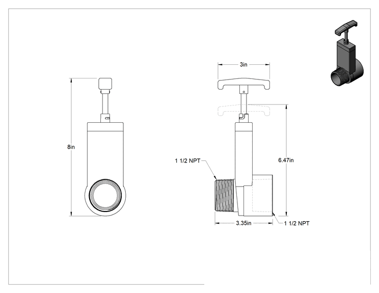 Teknik Çizim - Plastik Kademeli Açma/Kapama Vanası, 1-1/2 NPT Dişi x 1-1/2 NPT Erkek, Plastik Kapak