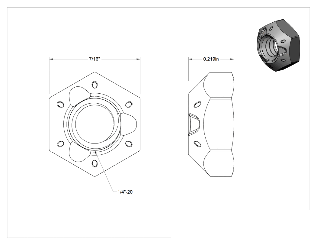 Teknik Çizim - Top-Lock Deforme Edilmiş Dişli Kilit Somunu, Sarı Kromat Kaplı C Sınıfı Çelik, 1/4"-20 Diş Boyutu