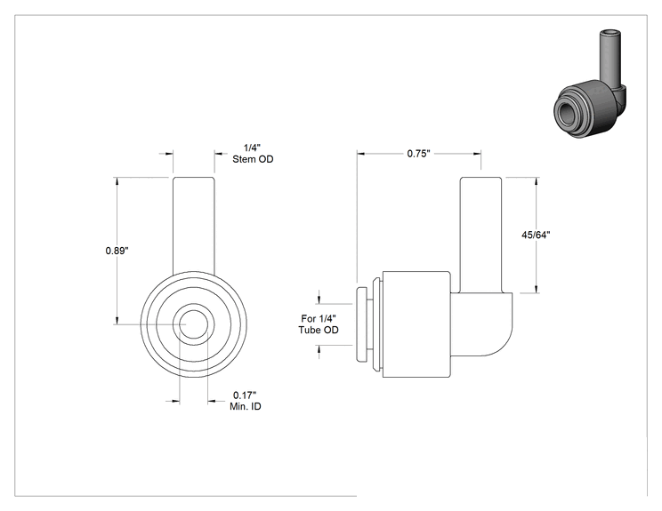 Teknik Çizim - Gıda ve İçecek için İt-Bağlantı Elemanı, Dirsek, 1/4" Boru Gövde Dış Çapı x 1/4" Boru Dış Çapı için, Beyaz