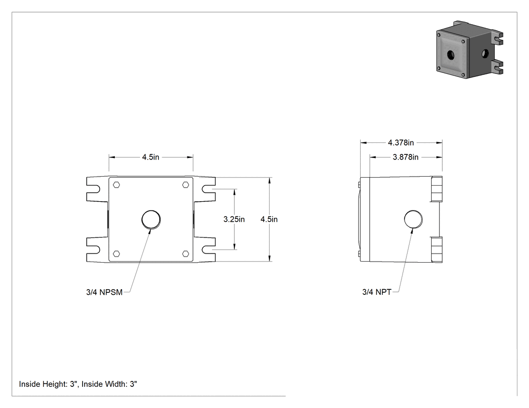 Teknik Çizim - Tehlikeli Ortamlar için Basma Düğmeli Muhafaza, 1 Sütun ve 1 Satırlı, 4-1/2" Yükseklik, 4-1/2" Genişlik, 4-1/2" Derinlik