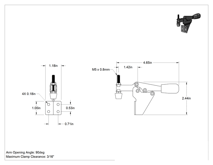 Teknik Çizim - Yan Montajlı Sabitleme Mandal Kelepçesi, 18-8 Paslanmaz Çelik, 200 lbs. Kapasite, 3/16" Maksimum Sıkıştırma Boşluğu