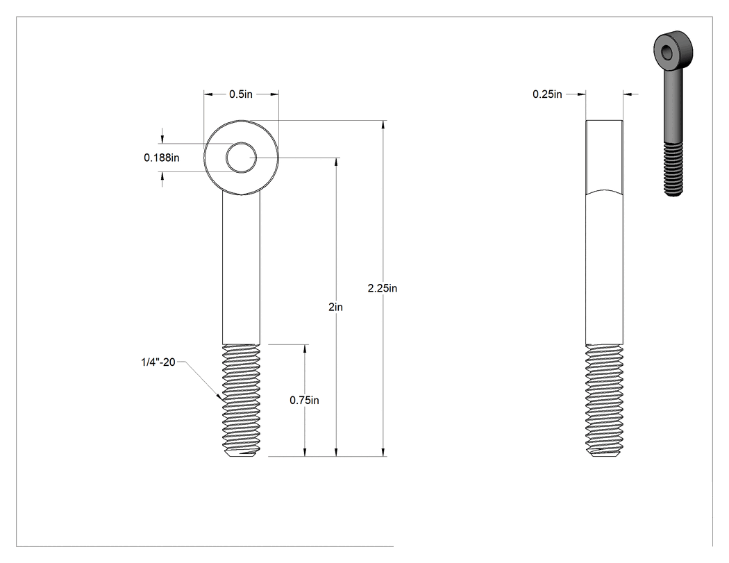 Teknik Çizim - Paslanma ve Aşınmaya Dayanıklı Kısmen Gijon Ucu Cıvatası, 304 Paslanmaz Çelik, 1/4"-20 Boyut 3/4" Uzunlukta Diş, 3/16" İç Çap, 2" Uzunlukta Merkez