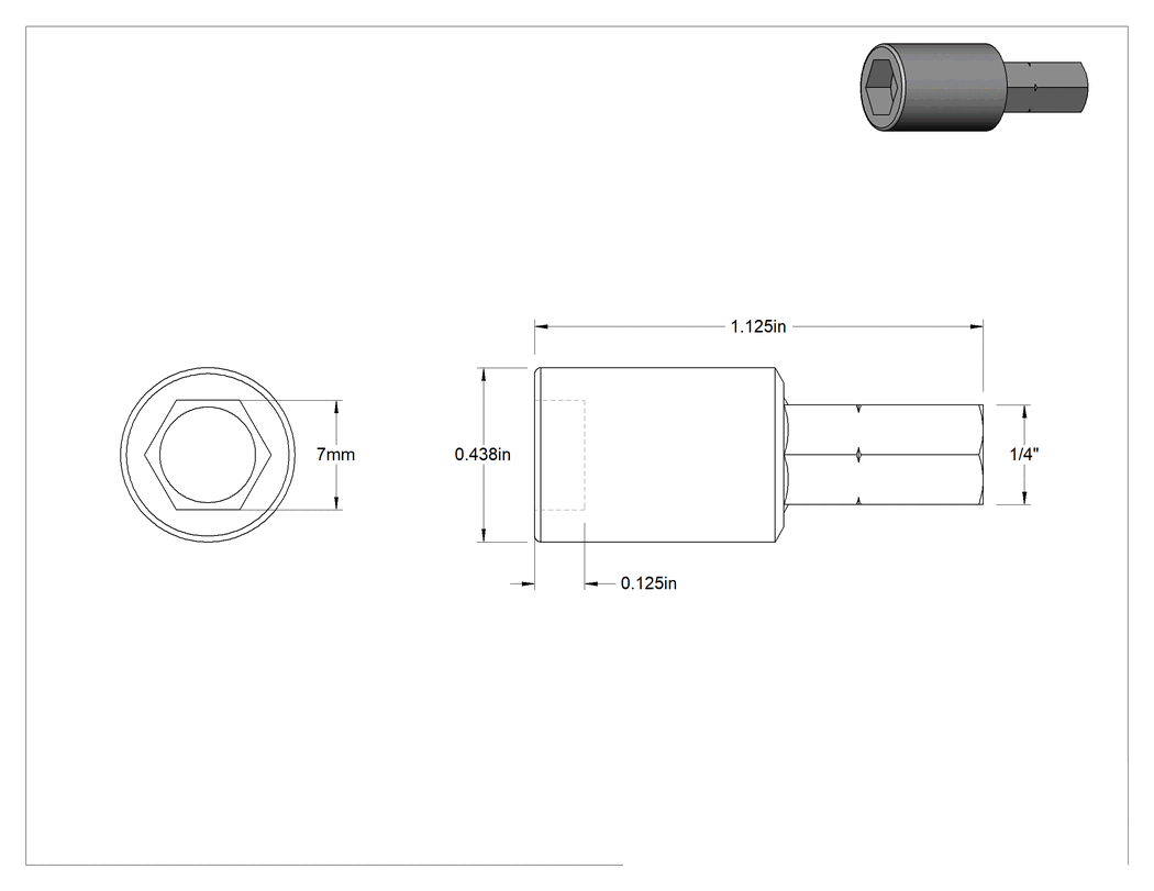 Teknik Çizim - Bağlantı Elemanı Tutucu Somun Anahtarı Ucu, 1/4" Altıgen Şaft Boyutu, 7 mm Boyut