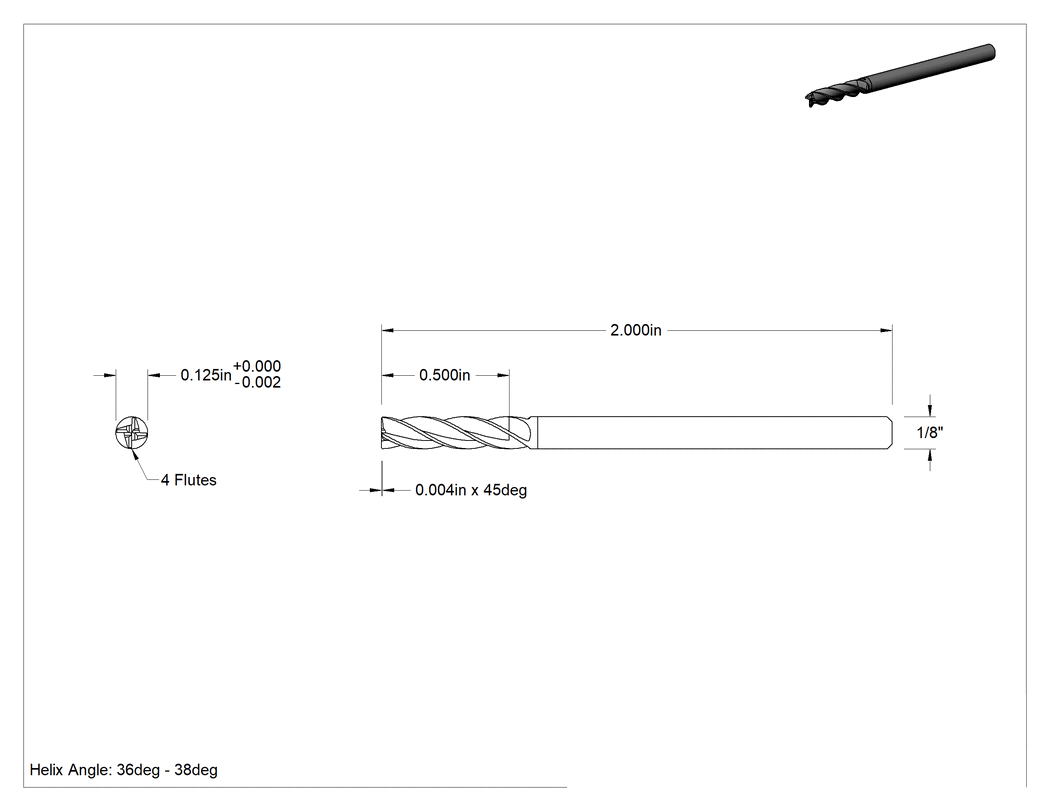 Teknik Çizim - Hızlı Kesim Karbür Kare Uçlu Freze, AlTiN Kaplamalı, 4 Yiv, 1/8" Freze Çapı, 1/2" Kesme Uzunluğu