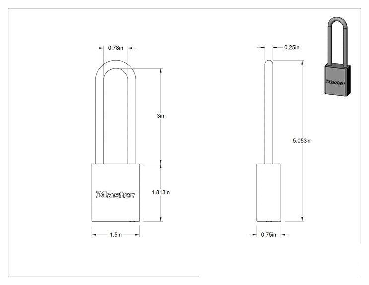 Teknik Çizim - Masif Eloksallı Alüminyum Kilitli Asma Kilit, American Lock 1107, Ana Anahtarlı, Altın