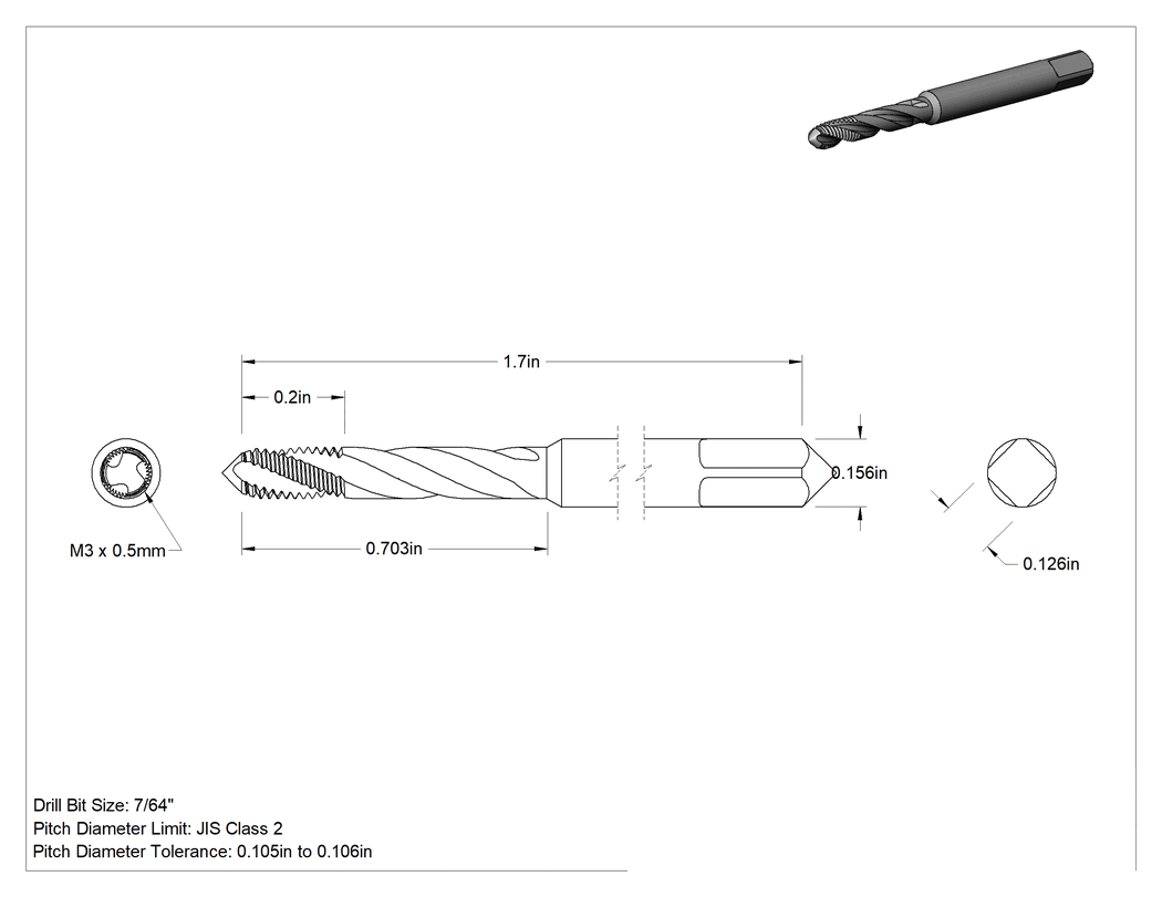 Teknik Çizim - Kaplamasız Yüksek Hızlı Çelik Talaş Temizleme Kılavuzu, Kör Delikler için, M3 x 0.5 mm Diş Boyutu, 15/64" Diş Uzunluğu