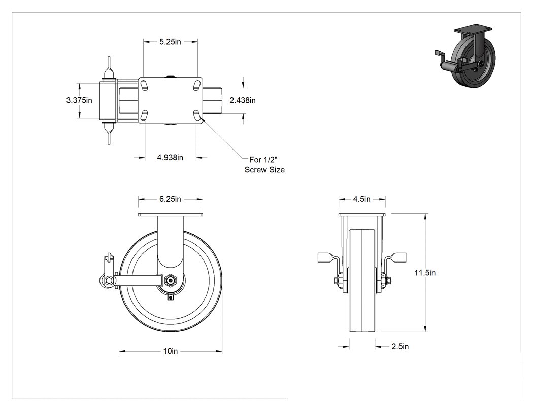 Teknik Çizim - 6-1/4" x 4-1/2" Plakalı Viking Tekerlek, Ekstra Yüksek Kapasiteli, Frenli ve 10 inç Poliüretan Tekerlekli Sabit