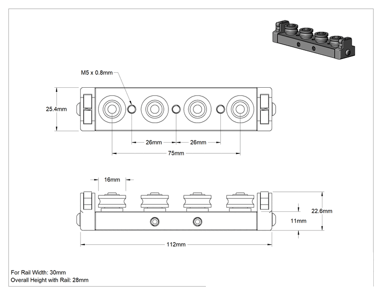 Teknik Çizim - Yan Montajlı Raylı Makara Taşıyıcı, Silecek ve Ayarlanabilir Makaralı Alüminyum, 30 mm Genişlikli Ray için, 112 mm Uzunluk