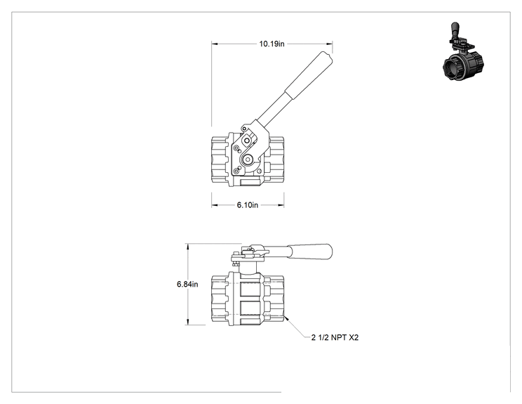 Teknik Çizim - Dişli Açma/Kapama Vanası, Yaylı Kapatma Kollu Pirinç, 2-1/2 NPT Dişi