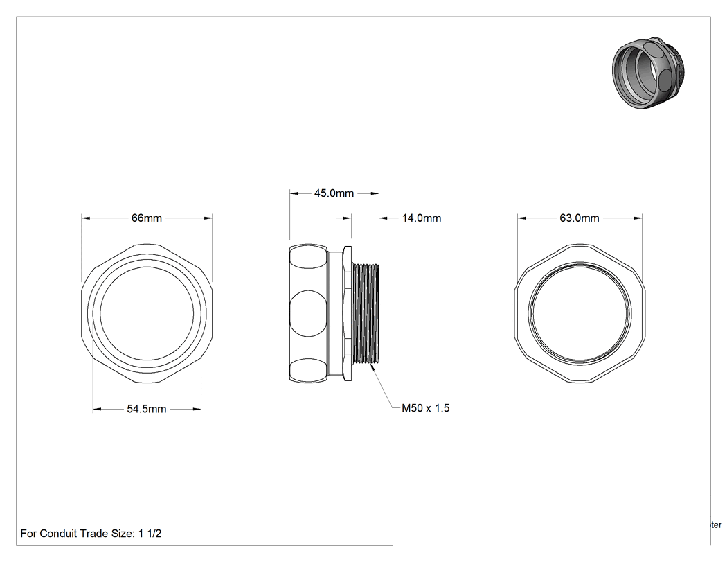 Teknik Çizim - 1-1/2 Sıkıştırmalı Dişi x M50 Erkek Adaptör, Korumalı Esnek Plastik Kanal için