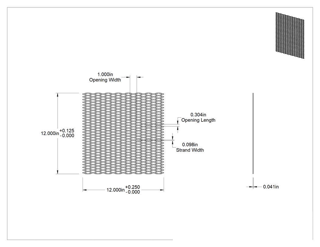 Teknik Çizim - 304 Paslanmaz Çelik Genişletilmiş Panel, Düzleştirilmiş, 12" x 12" x 0.041" Toplam
