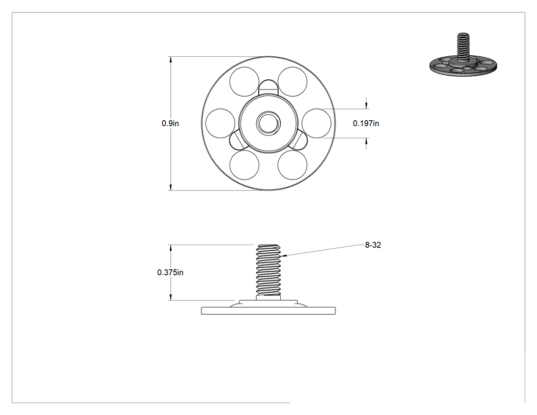Teknik Çizim - Yapışkan Hazır Saplamalar, Çinko Kaplı Çelik, 8-32 Diş, 3/8" Uzunluk, 29/32" Çaplı Taban