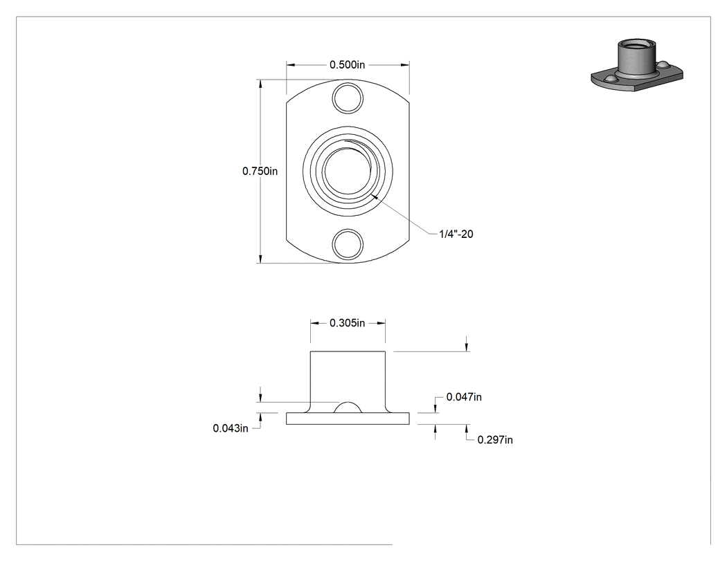 Teknik Çizim - Çıkıntılı Çelik Dar Tabanlı Kaynak Somunları, Çinko Kaplamalı, 1/4"-20 Diş Boyutu