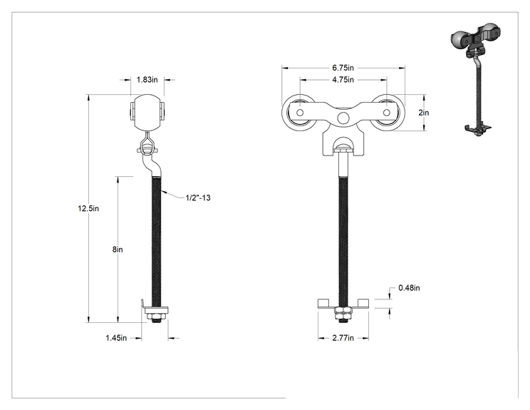 Teknik Çizim - Cıvatalı Askı, 12-1/2" Yükseklik, Kapılar için Toza Dayanıklı Makaralı Ray için