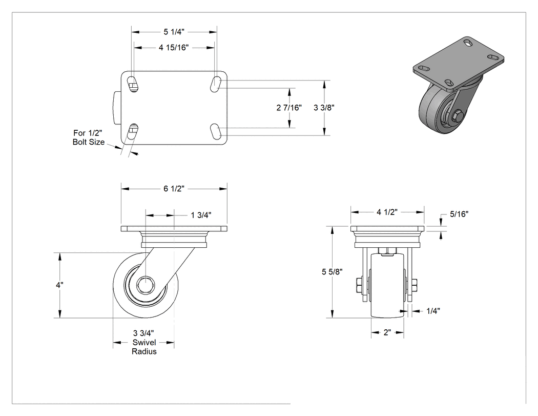 Teknik Çizim - 6-1/2" x 4-1/2" Plakalı Yüksek Kapasiteli Kingston Tekerlek, 4" Çaplı Fenolik Tekerlekli Döner