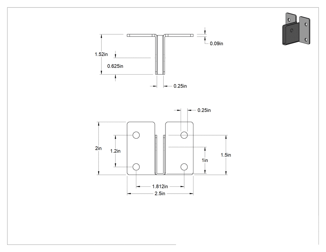 Teknik Çizim - Panel Asma Braketi, 1/4" Maksimum Kalınlık için, 436 Paslanmaz Çelik, 2-1/2" x 2"