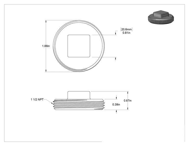Teknik Çizim - Pirinç Temizleme Tapası, Yükseltilmiş, 1-1/2 NPT için