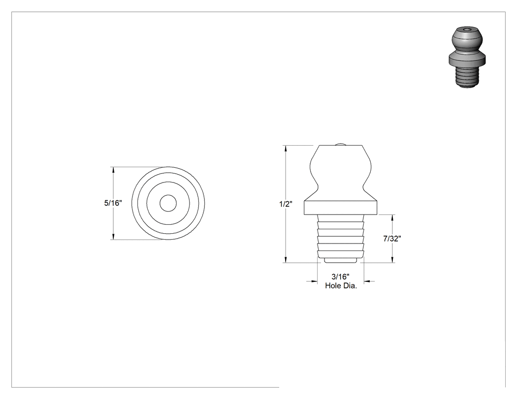Teknik Çizim - Tırtıklı Şaftlı Düz Gres Bağlantı Parçası, 3/16" Çaplı Dişsiz Delik için, Bilyalı Çekvalfli, 303 Paslanmaz Çelik