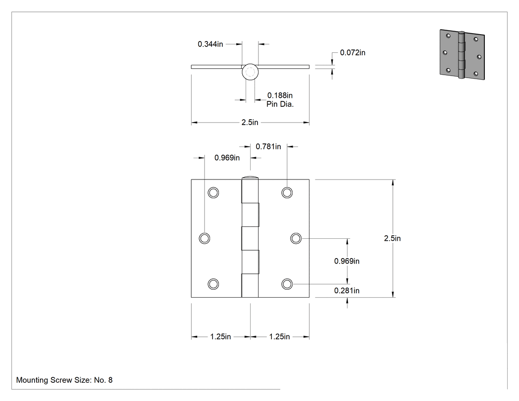 Teknik Çizim - Delikli Gömme Montaj Menteşesi, Çıkarılabilir Pim, Kare, Çelik, 2.5 inç x 1.25 inç x 0.072 inç Yaprak