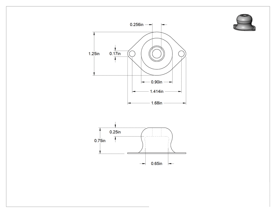 Teknik Çizim - Dişsiz Delikli Titreşim Sönümleyici Cıvatalı Montaj, Alüminyum Tabanlı Neopren, 4 lbs. Kapasite