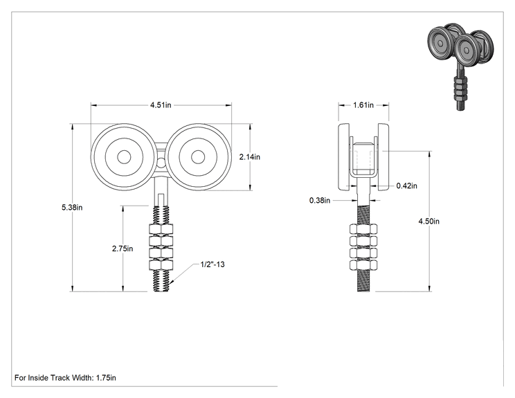Teknik Çizim - Kavisli Makara Rayı için Cıvatalı Askı, Kapılar için, Perdeler ve Şerit Kapılar, 300 lb. Kapasite/Çift