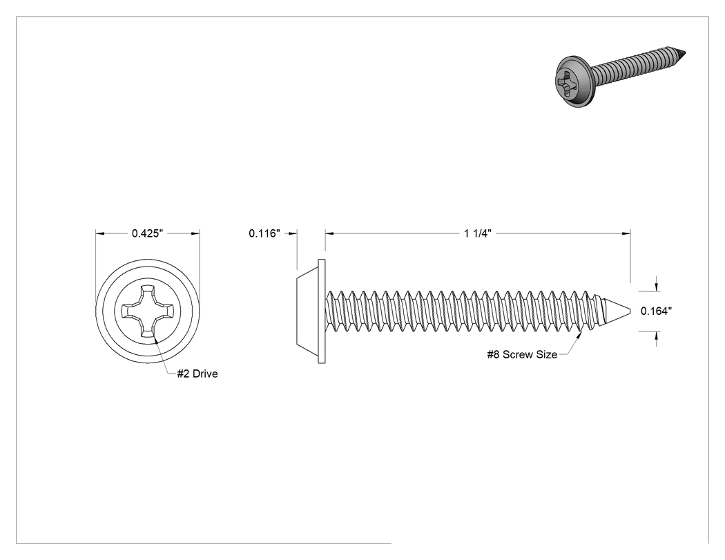 Teknik Çizim - Phillips Flanşlı Ekstra Geniş Yuvarlak Başlı Vidalar, Metal için, Siyah Paslanma ve Aşınmaya Dayanıklı Çelik, 8 Numaralı, 1-1/4" Uzunluk