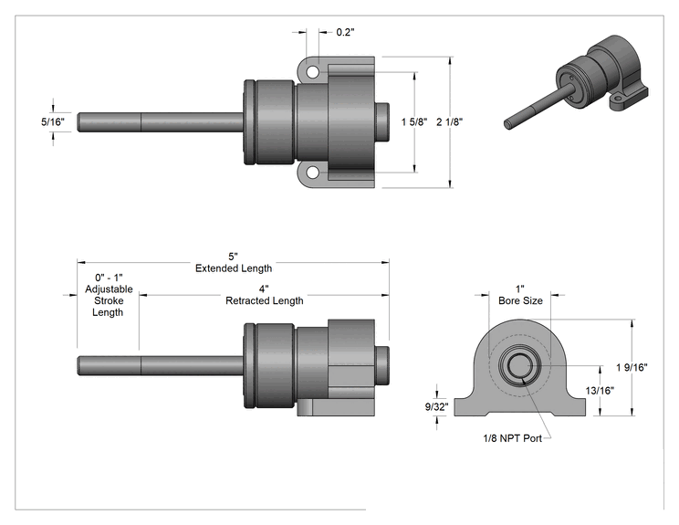 Teknik Çizim - Kısa Stroklu Sıkıştırma Hava Silindiri, Tek Etkili, Yatay Montaj, 1" Delik, 0"-1" Strok