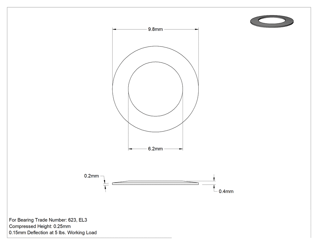 Teknik Çizim - Rulmanlar için Konik Disk Yaylar, Rulman Ticaret No. 623 ve El3 için, 6.200 mm İç Çap