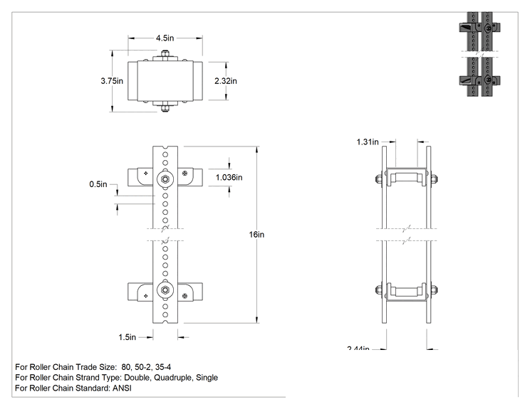 Teknik Çizim - Yüzer Makaralı Zincir Gergisi, ANSI Numaraları 35-4 için, 50-2 ve 80, Titanyum