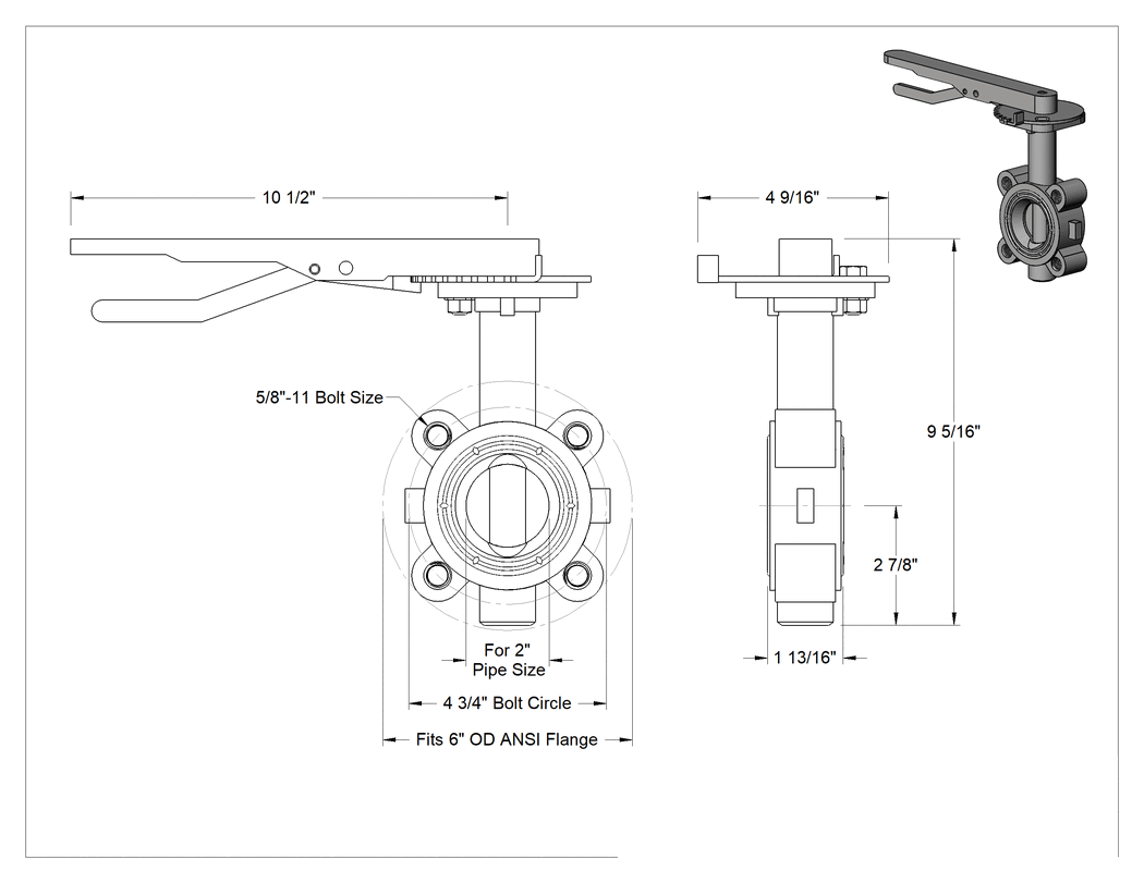 Teknik Çizim - Sfero Döküm Flanş Montajlı Akış Ayar Valfi, Yağ için Lug Valfi, 2 Boru Boyutu, -20° ila 180°F