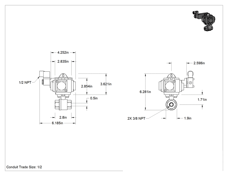Teknik Çizim - Yüksek Akışlı Hava Tahrikli NEMA 4X 316 Paslanmaz Çelik Gövde Valfi, DIN Bağlantı, Tek Etkili, 3/8 NPT Dişi