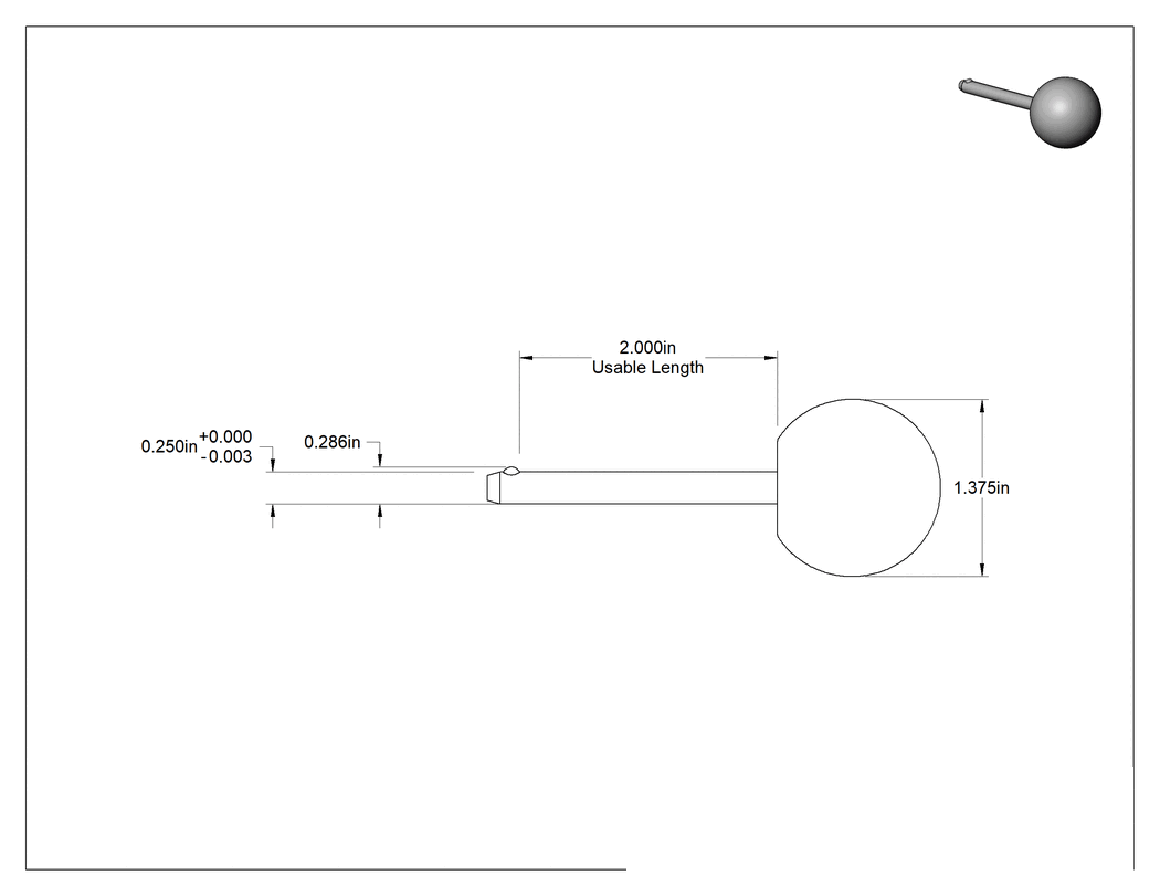 Teknik Çizim - Hızlı Açılır Pim, Küresel Tutamak, Çinko Kaplamalı Karbon Çelik, 1/4" Çap, 2" Kullanılabilir Uzunluk