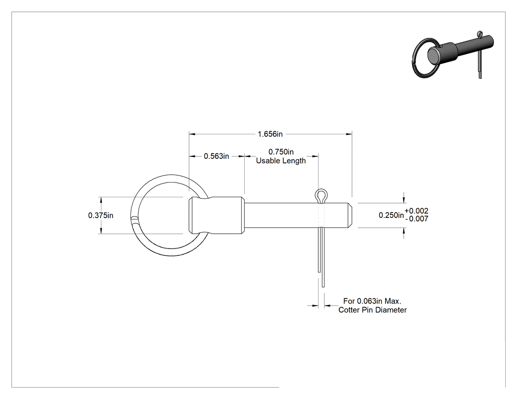 Teknik Çizim - Halka Tutmalı Çatal Pim, 7075 Alüminyum, 1/4" Çap, 3/4" Kullanılabilir Uzunluk