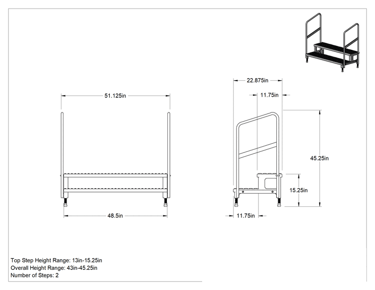 Teknik Çizim - Yüksekliği Ayarlanabilir Çalışma Platformu, 2 Basamak ve Korkuluk, 43"-45.25" Toplam Yükseklik x 51" Genişlik x 23" Derinlik