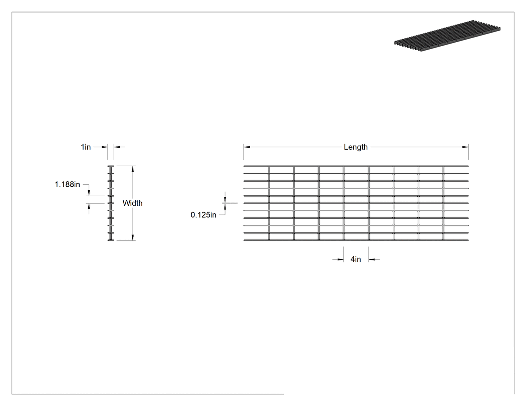 Teknik Çizim - Alüminyum Çubuk Izgara, Tırtıklı, 1" Yükseklik x 1/8" Genişlikli Taşıyıcı Lama