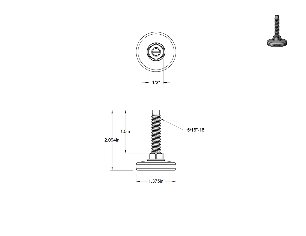 Teknik Çizim - Çinko Kaplı Çelik Saplamalı Sert Tesviye Bağlantı Elemanları, Kolay Ayar, Nikel Kaplı Taban, 5/16"-18 x 1.5" Uzunlukta Diş