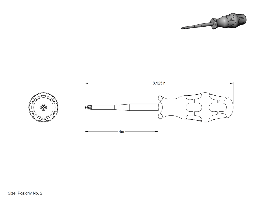 Teknik Çizim - Elektrik Yalıtımlı Tornavida, 2 Numara Pozidriv®, 4" Uzunluk x 5/16" Genişlik Mil