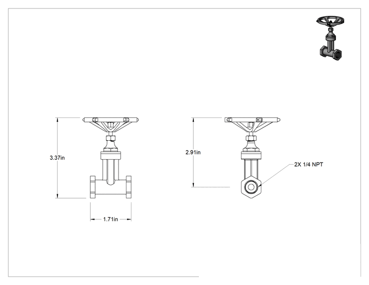 Teknik Çizim - Pirinç Gövde ve Sürgülü Kademeli Açma/Kapama Vanası, Tekerlek Kolu ve Yükselmeyen Mil, Sınıf 200, 1/4 NPT Dişi